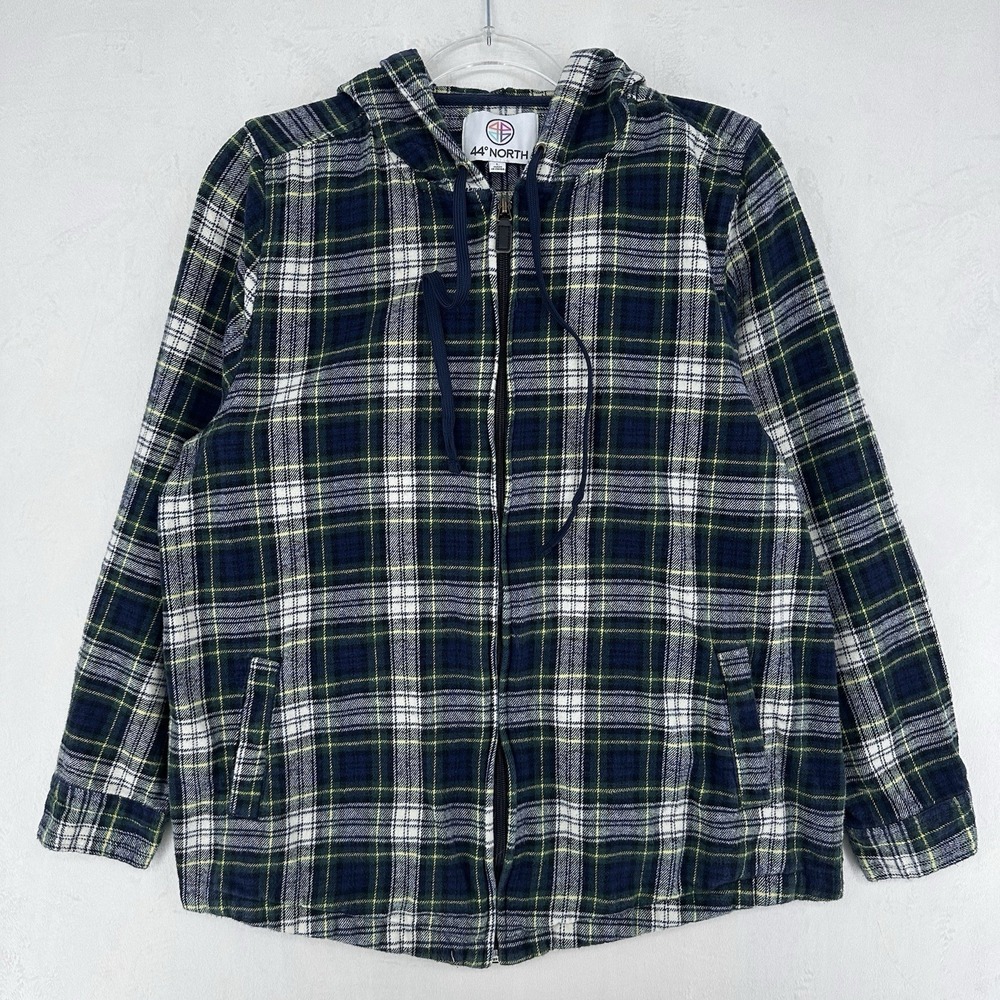 44° North Hooded Shacket Jacket Women's Large Full Zip Cotton Flannel Blue Plaid - Picture 4 of 12